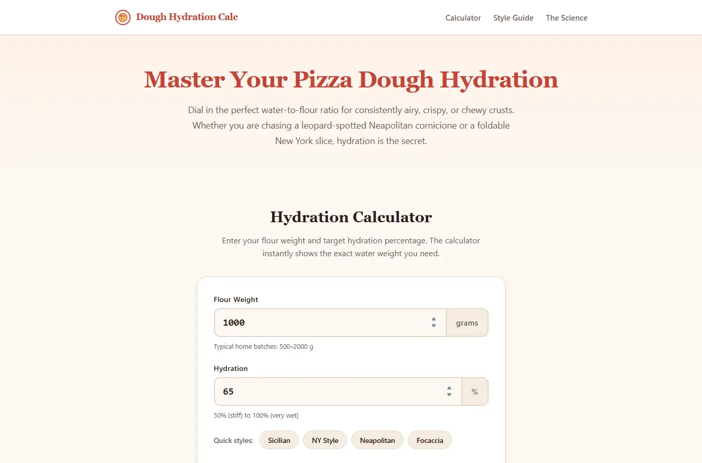 Screenshot of Pizza Dough Hydration Calc interface showing the project page in use